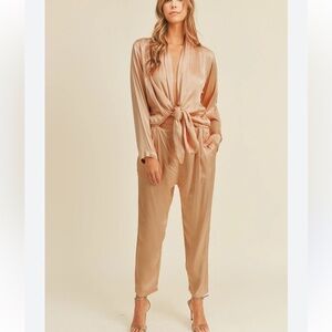 Mable Satin Alinia Front Tied Long Sleeves Blush Pink Jumpsuit Women’s Sz S